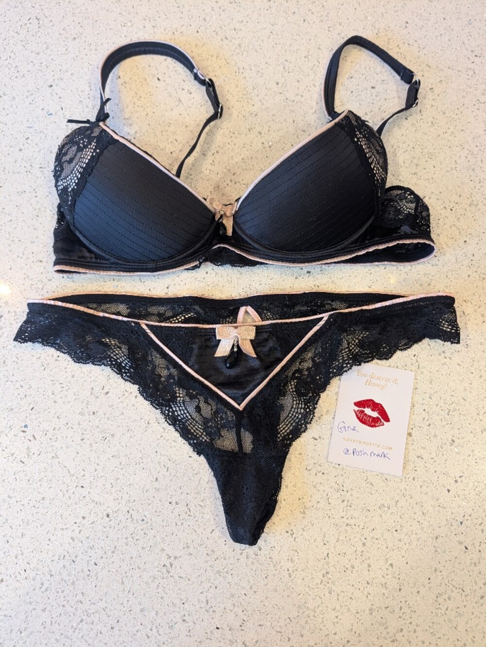Honey Birdette Bonnie black/pink 34C/M bra and thong